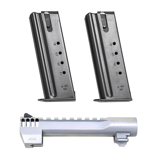 Two pistol magazines and silver slide assembly