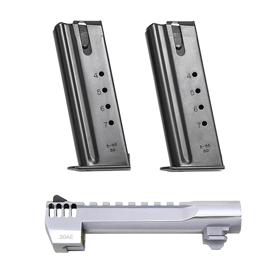 Two pistol magazines and handgun slide assembly