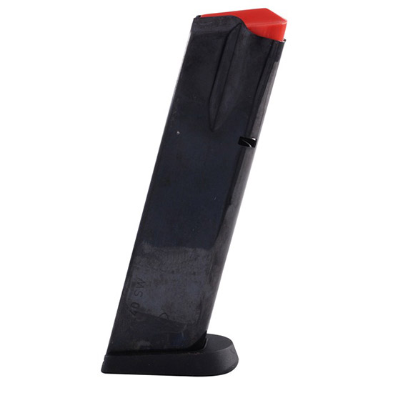 Black pistol magazine with red follower
