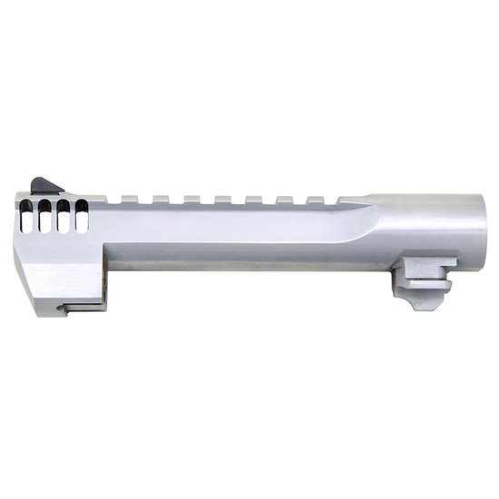 Silver handgun slide with vented barrel ports