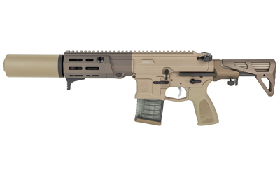 Tan tactical rifle with suppressor and adjustable stock