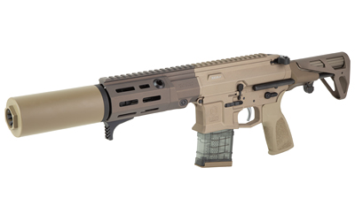 Tan tactical rifle with suppressor and magazine