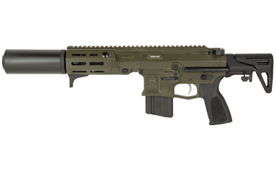 Olive green tactical rifle with suppressor attached
