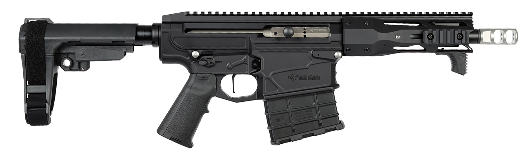 Black tactical rifle with brace and magazine