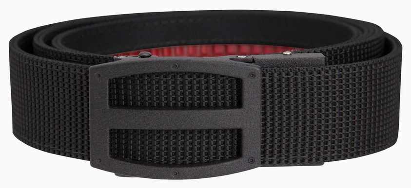 Black textured belt with large rectangular buckle