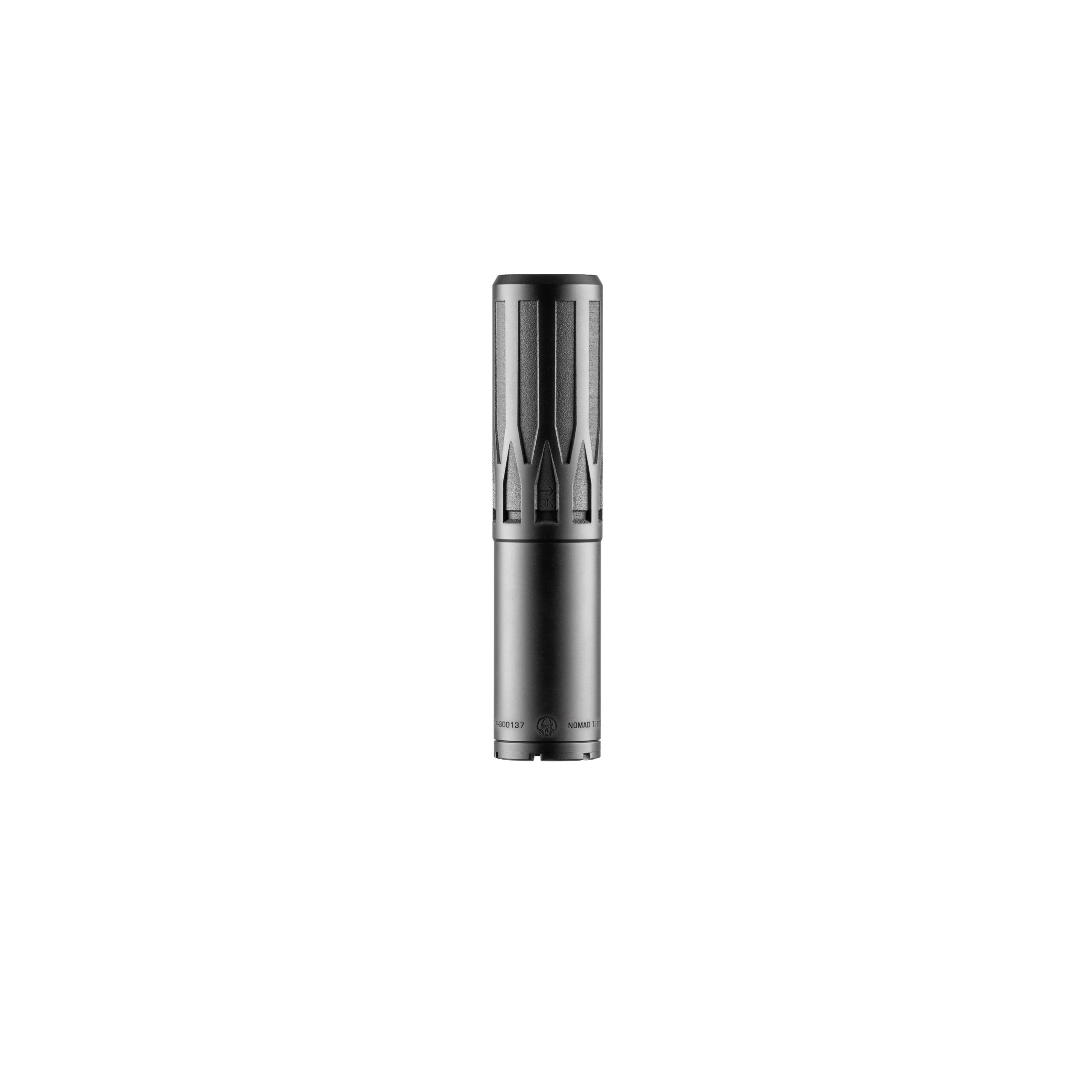 Black cylindrical firearm suppressor on white background