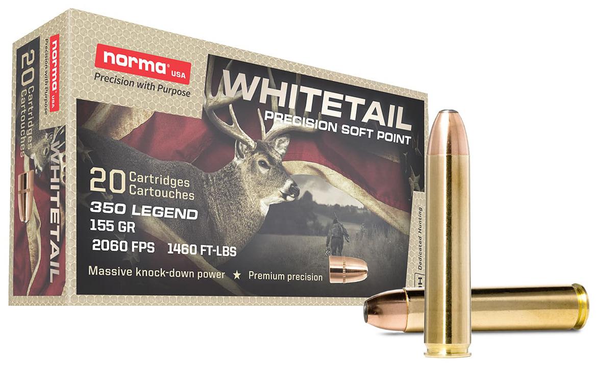 Norma Whitetail .350 Legend ammunition box and cartridges