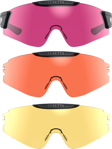 Three Beretta shield sunglasses lenses in pink, orange, yellow