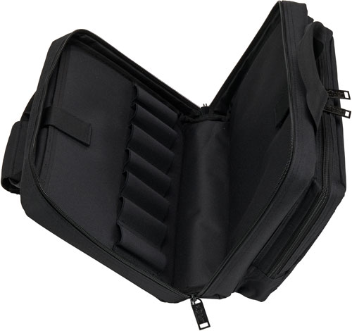 Open black zippered carrying case with padded compartments