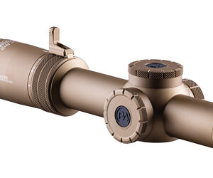 Tan tactical rifle scope isolated on white background