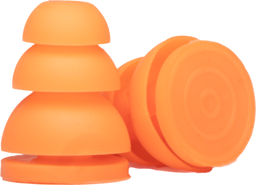 Orange reusable silicone earplugs on white background