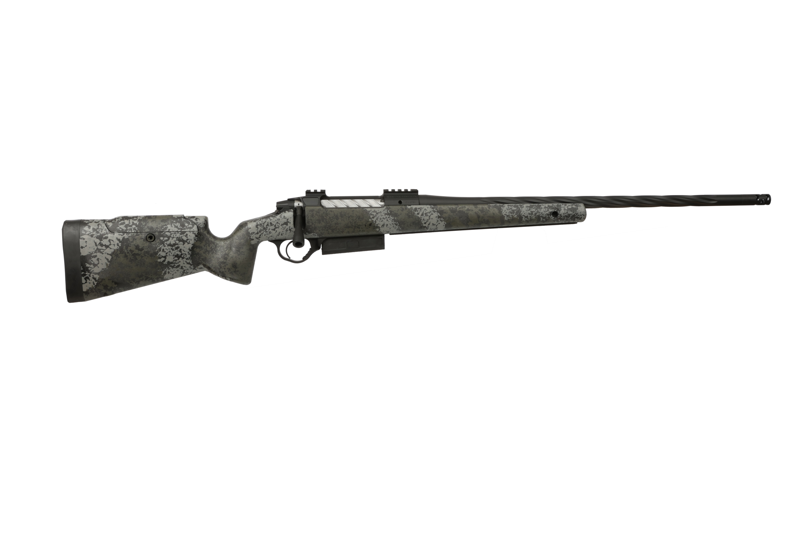 Bolt-action rifle with camo stock and fluted barrel
