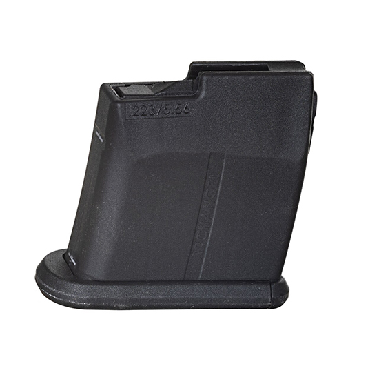 Black .22LR rifle magazine on white background