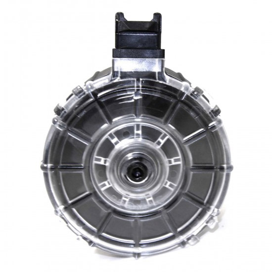 Clear drum magazine for firearm ammunition
