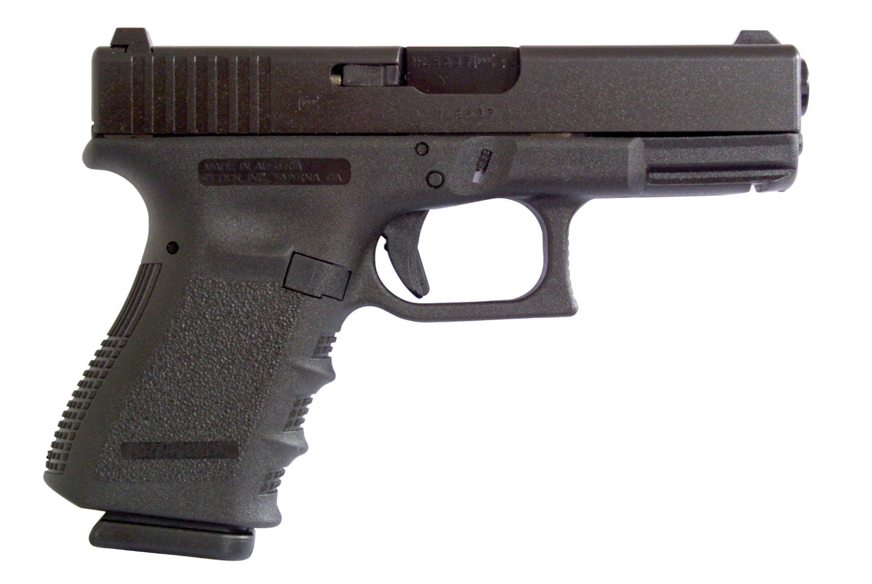 Black semi-automatic handgun on white background