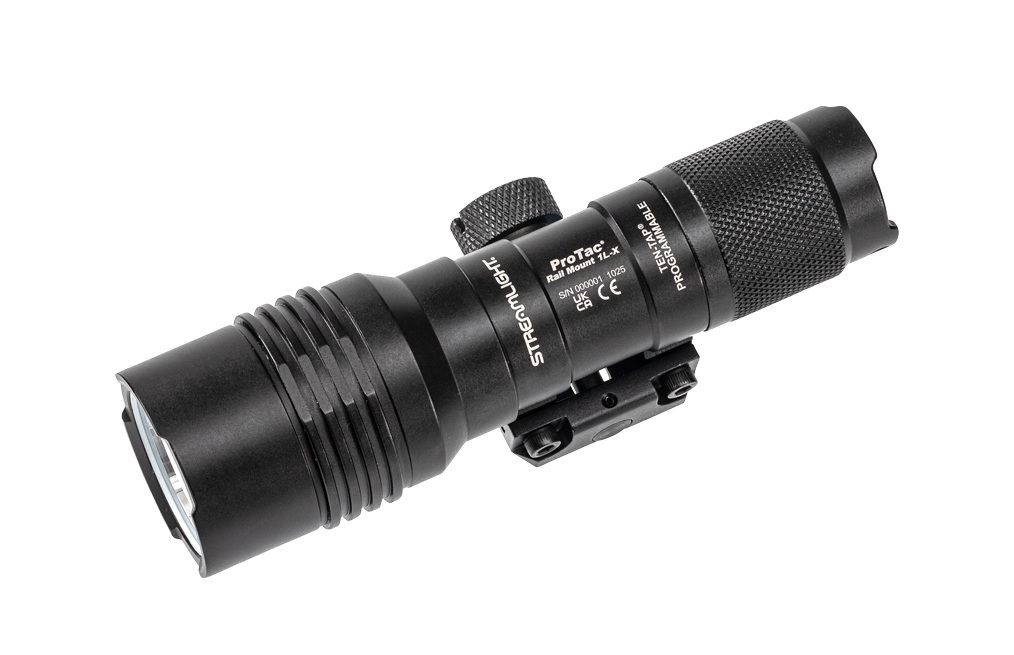Black tactical rail-mounted flashlight on white background
