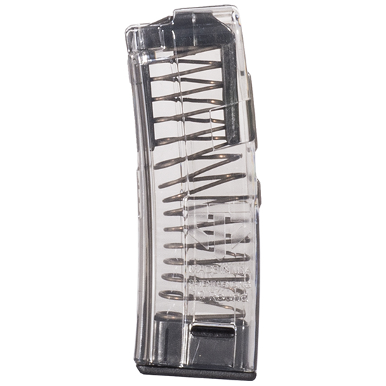 Transparent handgun magazine with visible internal spring