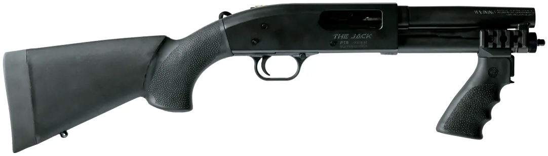 Black pump-action shotgun with pistol grip