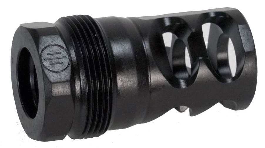 Black metal muzzle brake with side ports