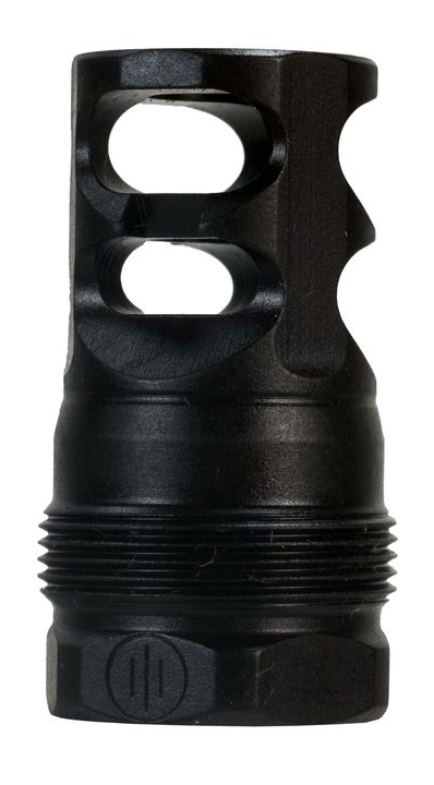 Black metal muzzle brake with side ports