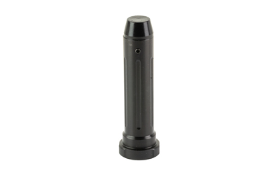 Black cylindrical metal device on white background