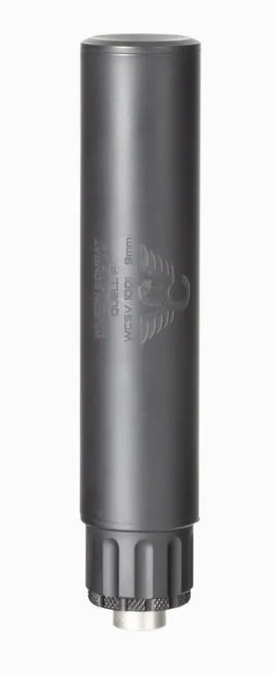 Cylindrical black firearm suppressor on white background