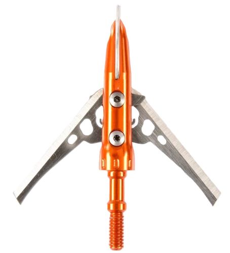 Orange expandable broadhead arrow tip with blades