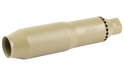 Tan cylindrical firearm suppressor on white background