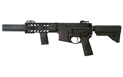 Black tactical rifle with suppressor and adjustable stock