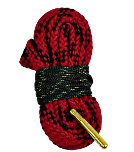 Coiled red and black braided rope with metal tip