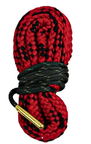 Coiled red and black braided rope with metal tips
