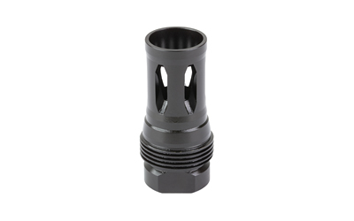 Black metal muzzle brake on white background