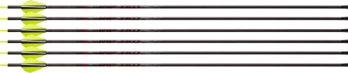 Row of archery arrows with yellow fletching