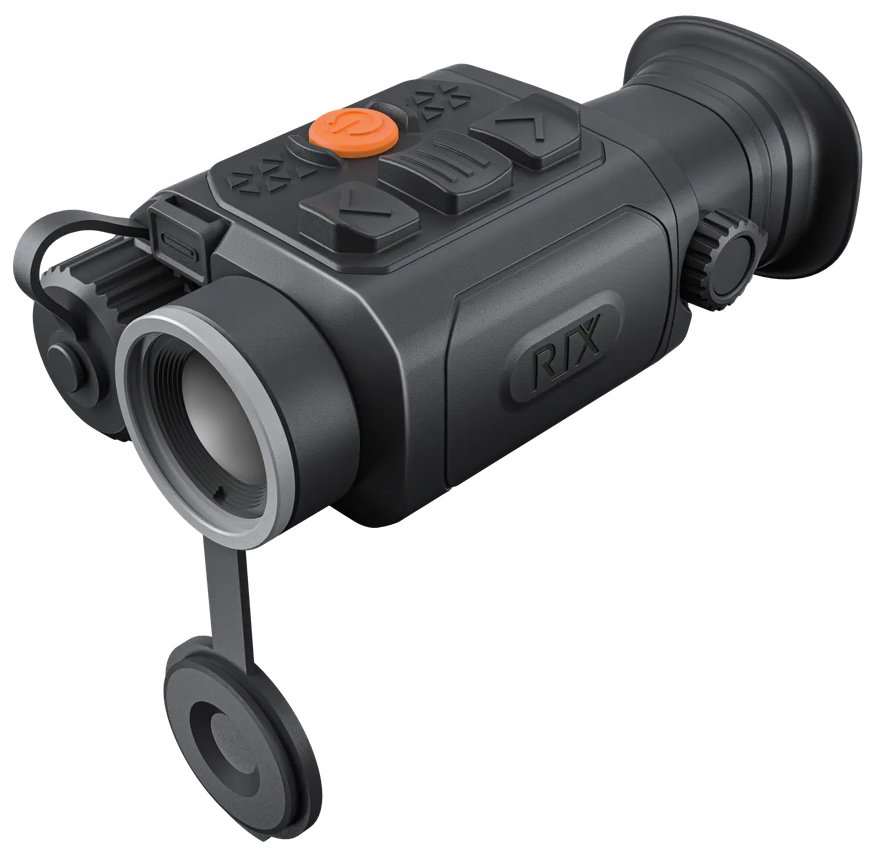 Handheld thermal monocular with control buttons and lens cap