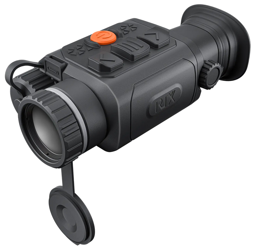 Handheld thermal monocular with control buttons and lens cap