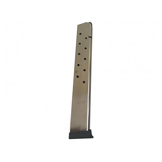 Metal handgun magazine on white background