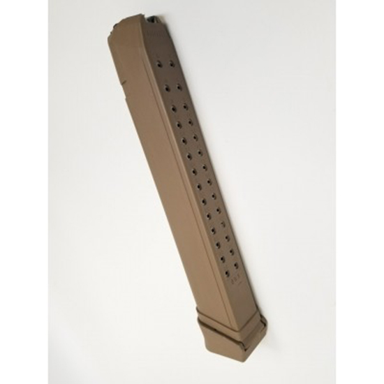 Tan extended pistol magazine on white background