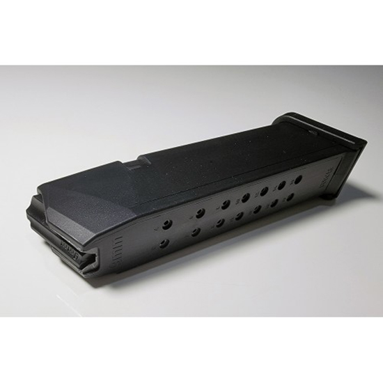 Black handgun magazine on white surface