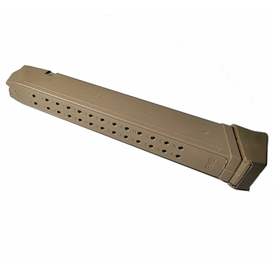 Tan extended pistol magazine on white background