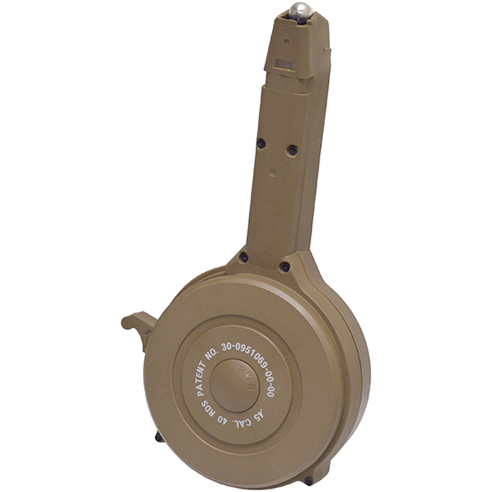 Tan rifle drum magazine on white background