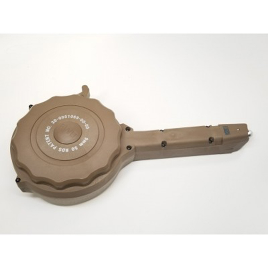 Tan 50-round drum magazine for firearm