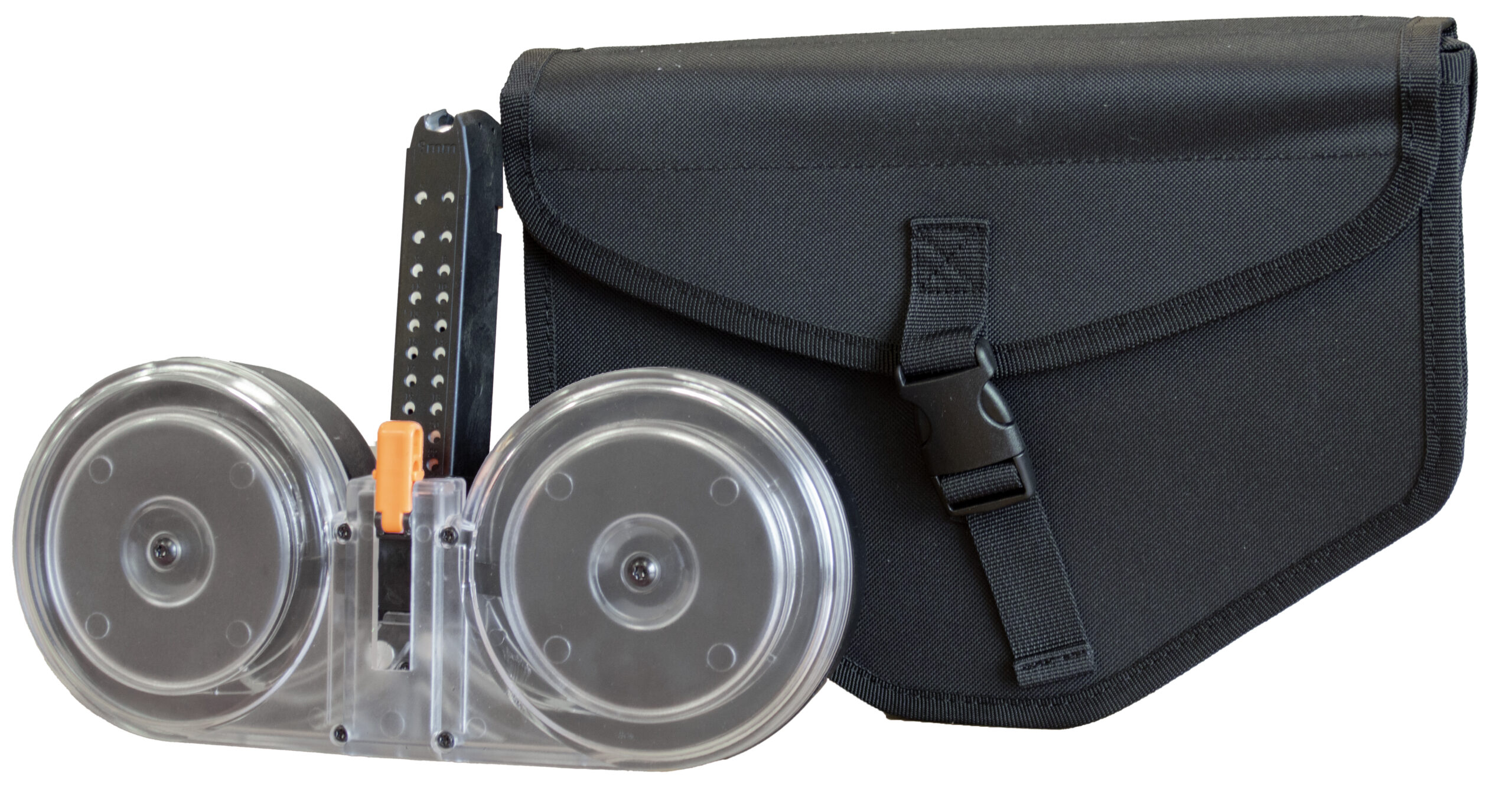 Dual drum magazine with black carrying pouch