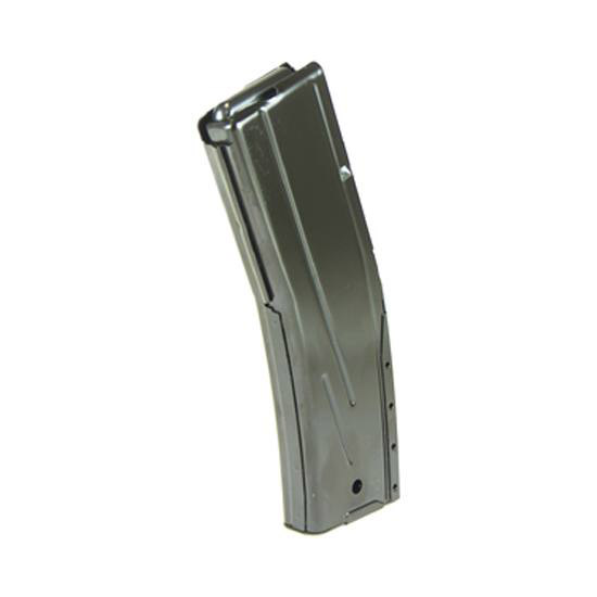 Curved metal rifle magazine on white background