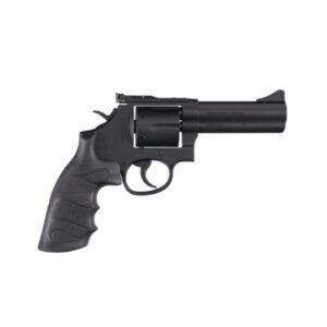 Black revolver handgun on white background