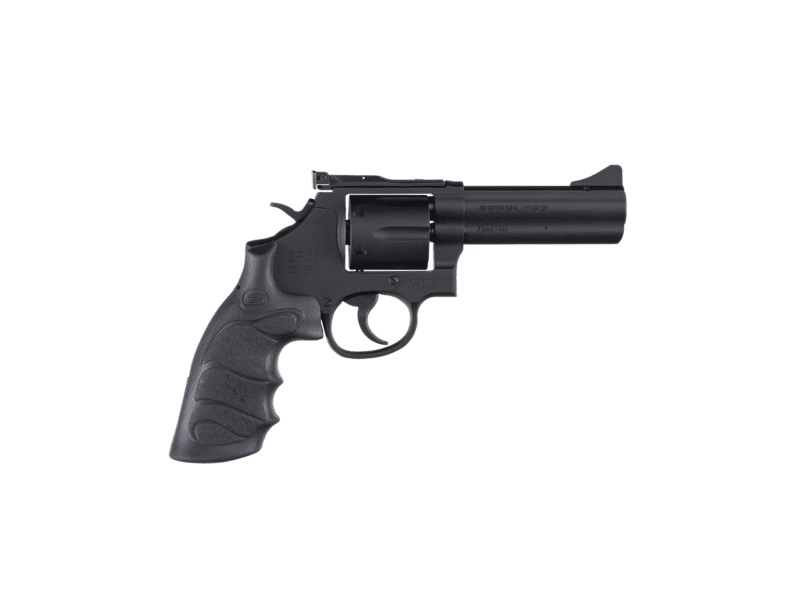 Black revolver handgun on white background