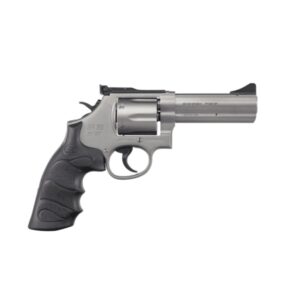 Silver revolver with black grip on white background