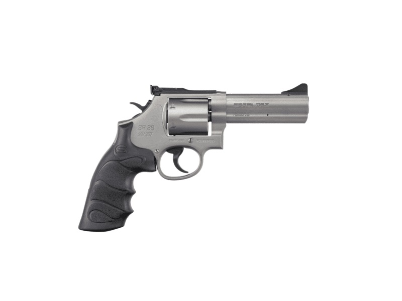 Silver revolver with black grip on white background