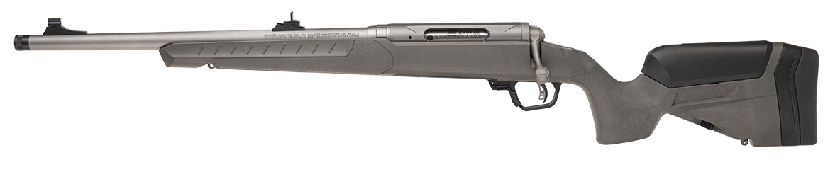 Silver bolt-action rifle with black stock