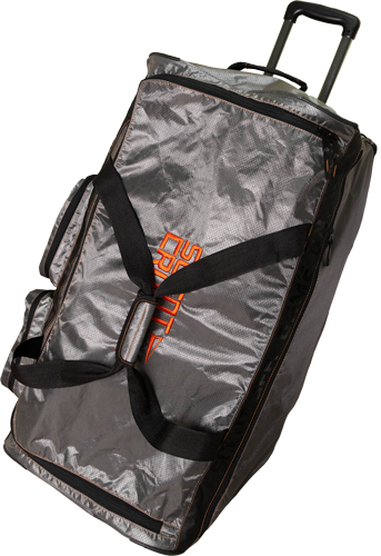 Large gray rolling duffel bag with extended handle
