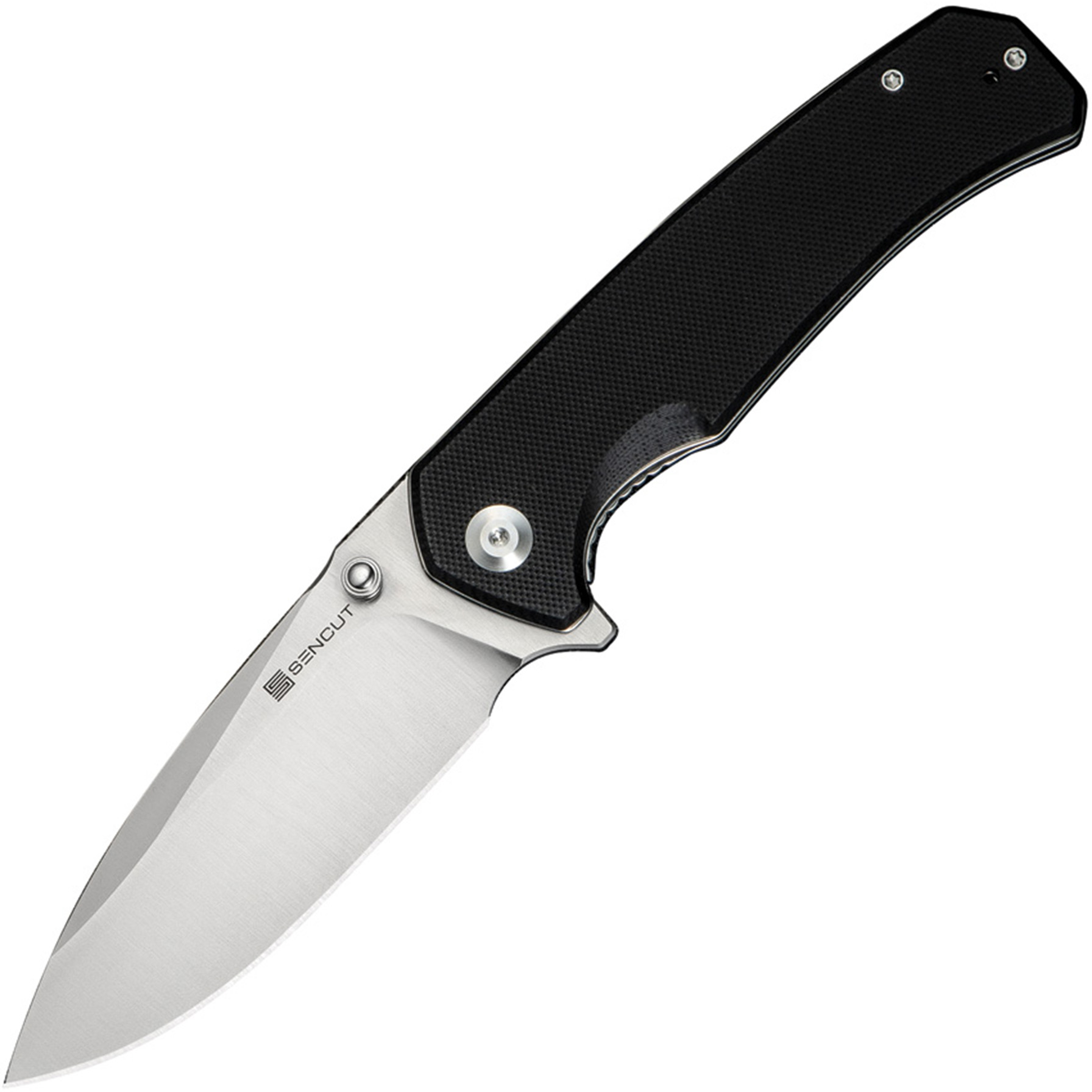 Black-handled folding pocket knife with stainless steel blade
